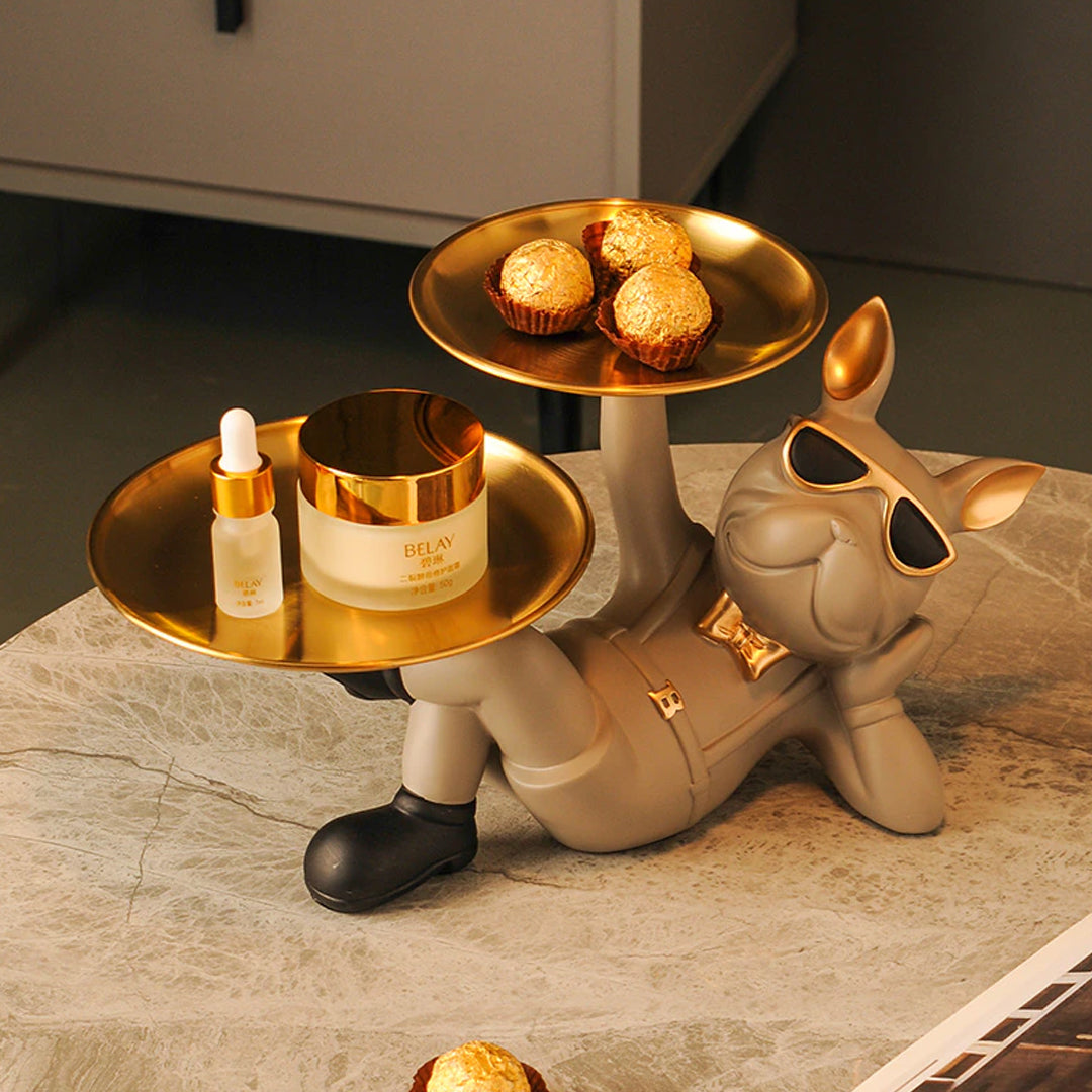 French Bulldog Metal Tray looks like a real tray with gold color and layers of circles inside.