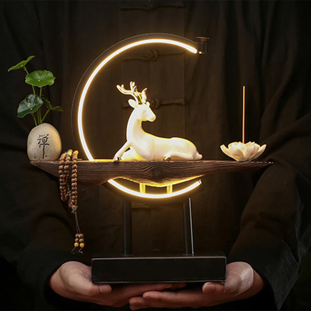The Deer and Lotus Incense Holder Waterfall Lamp with Material Ceramic
